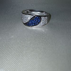 African Blue Sapphire & White Topaz Solid Sterling Silver Cocktail Ring